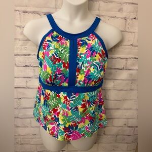 Lands' End 16W DD Keyhole High Neck Modest Tankini Top‎ Fresh Boreal Blue Leaf